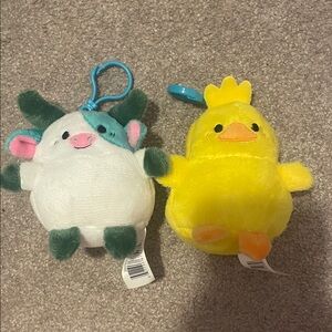 Plush Small Pet Toy Clip - Yellow Chick and Mint Cow Set
